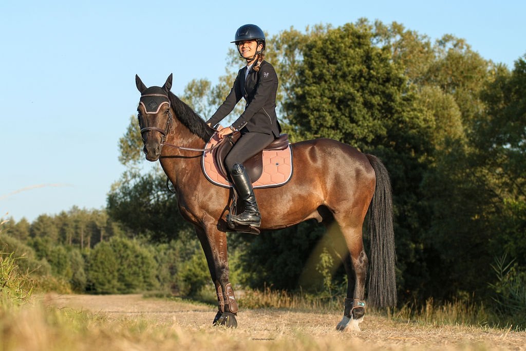 Cavalière à l'arrêt sur un cheval bai en prairie, tapis de selle vieux rose